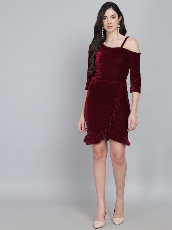 Vaararo Bodycon Party Dress for Women with Hemline Ruffles | One Shoulder Quarter Sleeves Shiny Velvet Outfit Wine X-Small