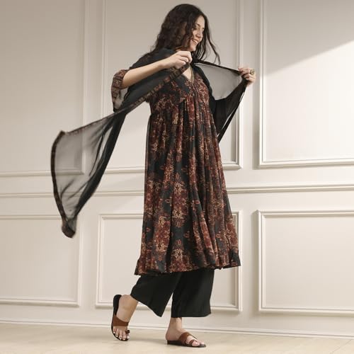 Biba Women Charcoal Black Polyester Gathered Printed Suit Set_46