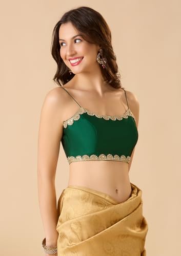 SALWAR STUDIO Green Taffeta Silk Spaghetti Readymade Blouse