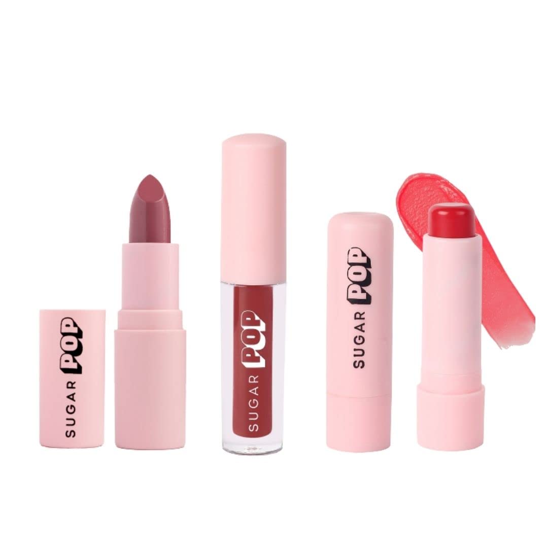SUGAR POP 3 in 1 Lip Kit Combo, Richly pigmented, Long-lasting, Ultra Matte, Smudge-Proof, Hydrating, UV Protection, Moisturizing Rich Pigment, 02 Mauve, 01 Taupe & Cherry