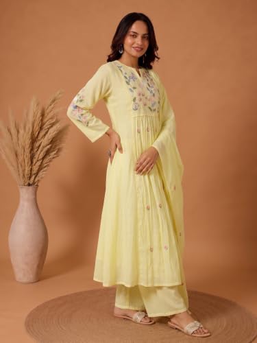 Varanga yellow embroidered muslin kurta set with dupatta