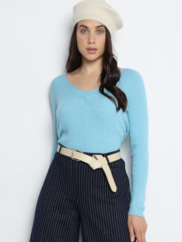 VERO MODA Women Solid Blue Viscose Regular Fit Pullover Sweater