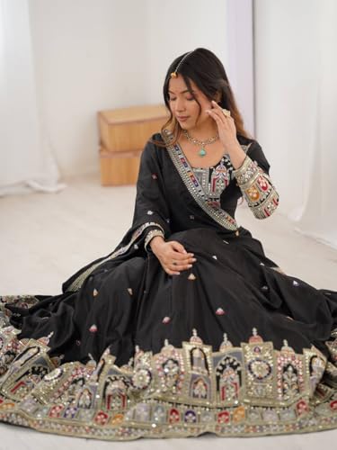 JIHU CULTURE Women's Natural Silk Coding Dori With Sequence Embroidery Work Semi Sttiched Lehenga Choli Set For Wedding (Black)