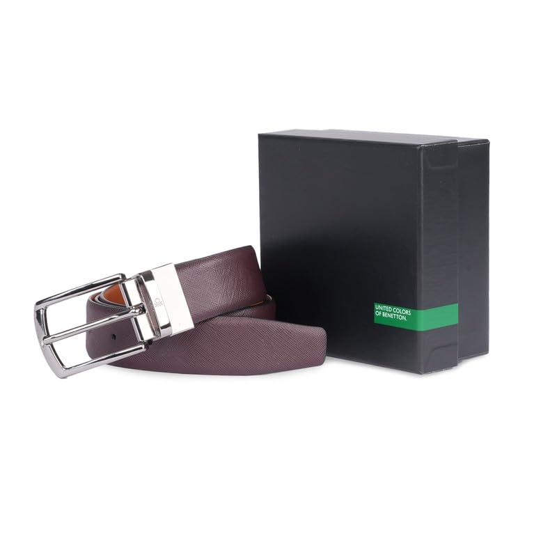 UNITED COLORS OF BENETTON Altdorf Leather Men Reversible Belt - Wine+Tan, L 1M | Waist Range: 37-41 | Saffiano Textured Reversible Belt With Pin Closure