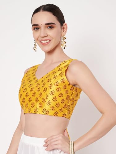 studio rasa Women's Dupion Hand Block Printed Blouse for Wedding Festive Party (TPWC62555XL_Yellow_X-Large)