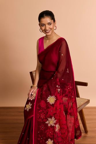 Taneira Women Dark Red Printed Embroidered Viscose Organza Saree with Unstitched Blouse Piece (SAIP14AC2558-Dark Red)