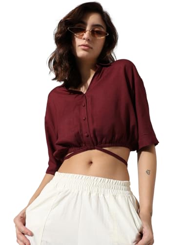 ONLY Women Solid Linen Crop Length Maroon Shirt