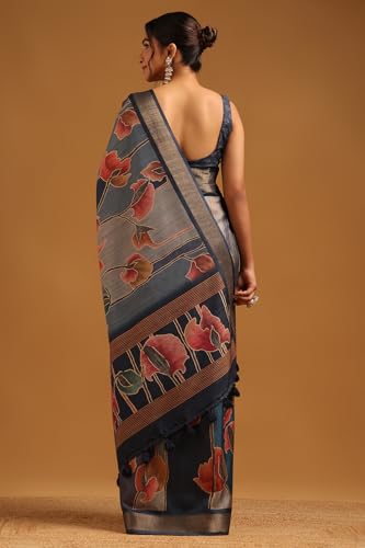 Soch Womens Blue Tussar Botanical Saree