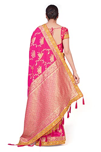 Monjolika Fashion Women's Elegant Banarasi Tissue Silk Saree with Rich Zari Border With Unstitched Blouse Piece (Rani Pink)