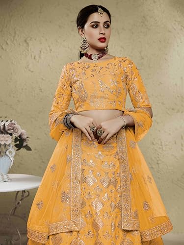 Zeel Clothing Women's Silk Semi-Stitched Thread Sequins Embroidery Bridal New Lehenga Choli with Dupatta (7055-Yellow-Wedding-Bridal-Stylish-Latest; Free Size)