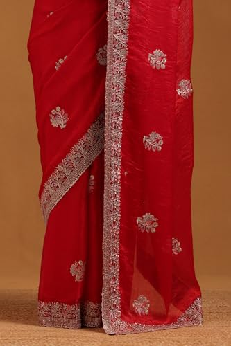 Soch Womens Red Fendy Organza Floral Saree With Stone Work