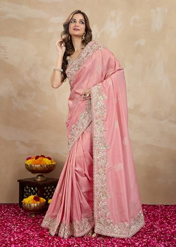 TRENDMALLS Women's Jacquard Silk Embroidery work Saree with Unstitched Blouse Piece (K1063-Peach)