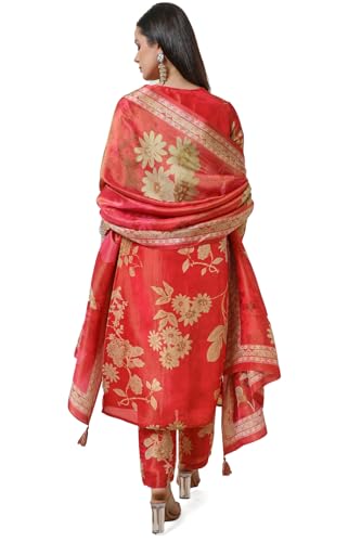 Soch Womens Orange Tissue Floral Print Suit Set with Dupatta
