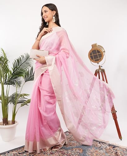 Gaon Originals Silk Saree in Blush Pink with Contrasting Border