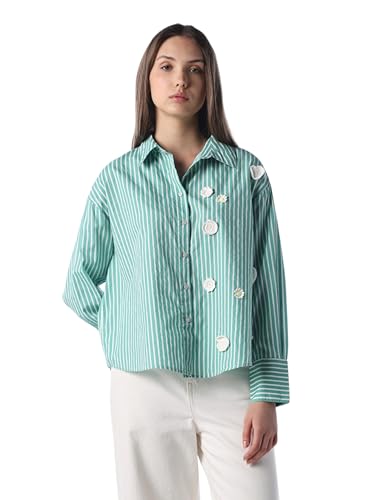 ONLY Women's Vertical Stripes Regular Fit Green Shirt