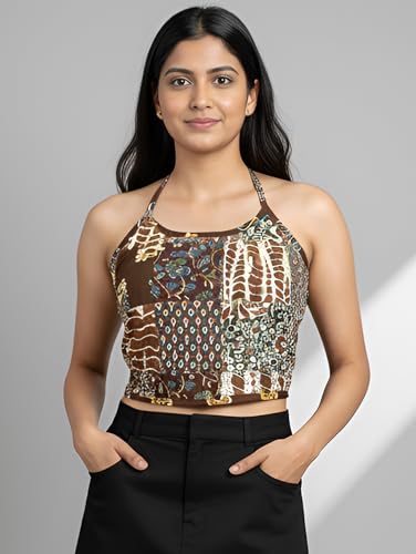 Yash Gallery Women’s Rayon Halter-Neck Printed Crop Blouse for Casual Outings, Party Fashion & Daily Comfort | Soft Breathable Rayon Sleeveless Blouse Top for Girls & Ladies with Trendy Modern Prints