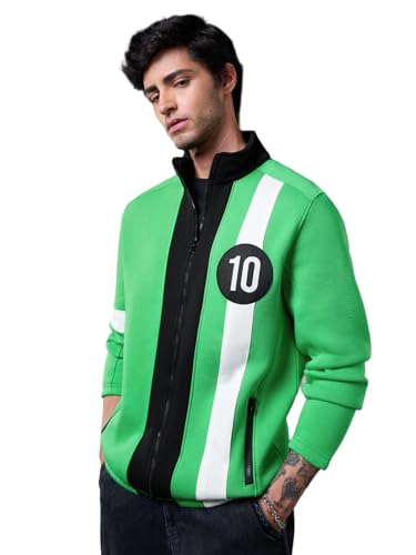 The Souled Store Ben 10: Alien Force Men and Boys Full Sleeves Mock Neck Green and Black Graphic Printed Cotton Blend Regular Fit Lightweight Winter Casual Jacket