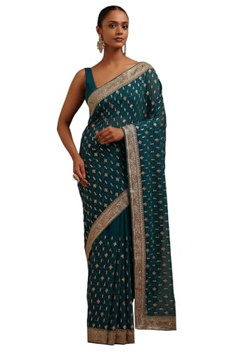 Soch Womens Teal Green Georgette Embroidered Saree With Stone Work