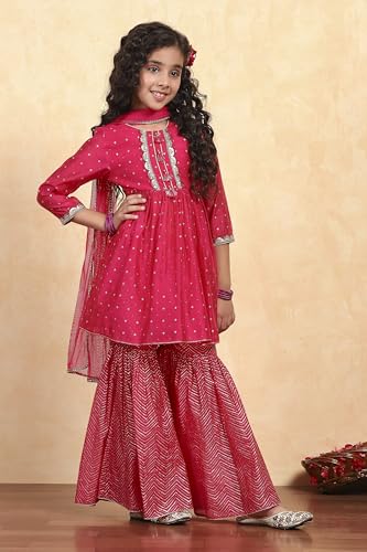Biba Girl's Pink Polyester Blend Printed Gathered Suit Set
