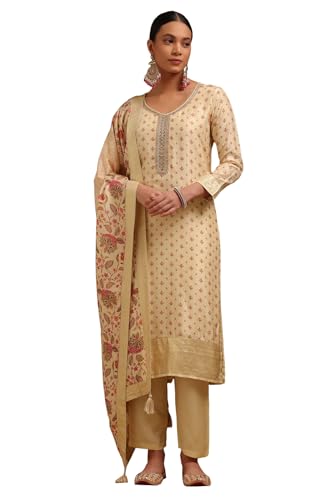 Soch Womens Cream Dola Silk Floral Print Suit Set With Cutdana