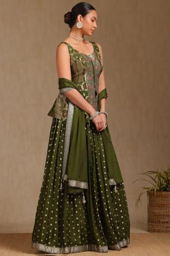Soch Womens Olive Brocade Woven Design Ghagra Choli With Cutdana