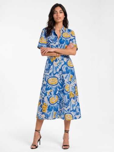 Max Women Printed Midi Dress with Belt (Blue_XS)