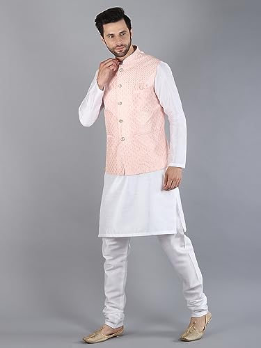 Modern Garments Men's Silk Blend Kurta Pajama with Ethnic Nehru Jacket/Modi Jacket (38, White & Light Pink)