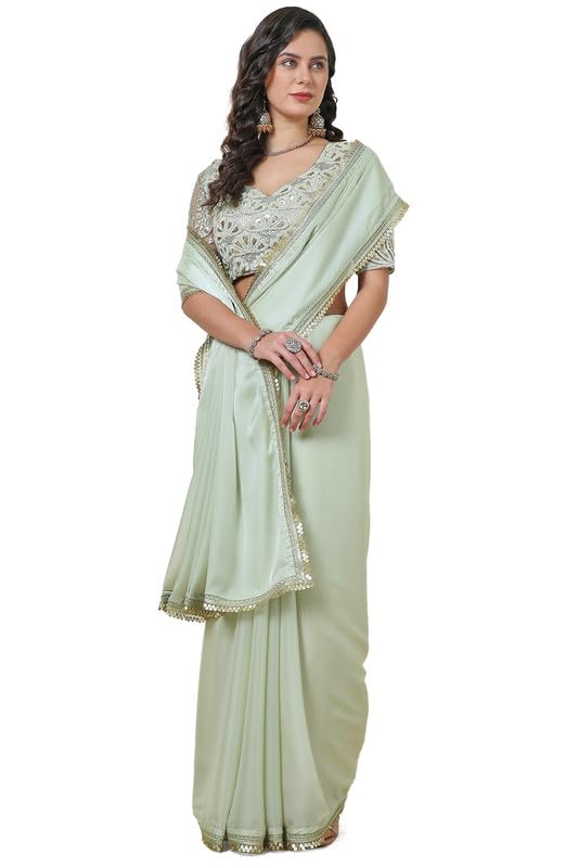 Soch Womens Light Green Organza Saree with Sequin Lace Border