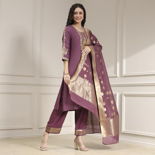 Biba Women's Blended Kurta Set (SKDASRTFES30458AW25OLDRS_Old Rose