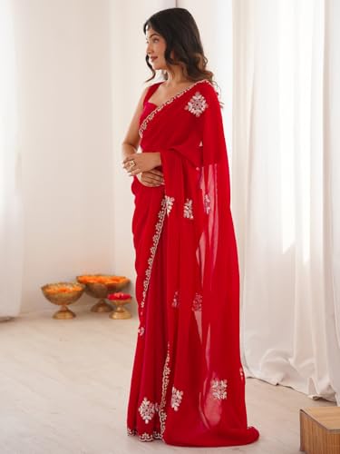 AKHILAM Women's Red Tissue Embellished Saree With Unstitched Blouse Piece (KRIYNS5407_KH)