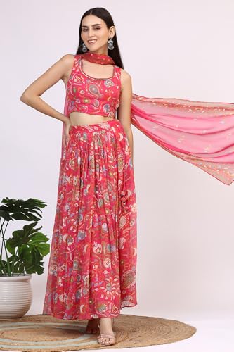 W for Woman Pink Floral Printed Embellished Chiffon Sleeveless Crop Top, Skirt and Dupatta Set (Size: XS)-WS12117-124246
