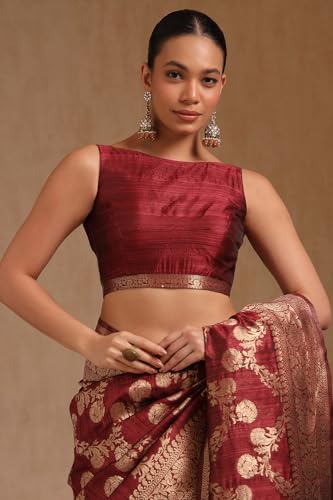Soch Womens Maroon Tussar Floral Print Saree With Zari Woven