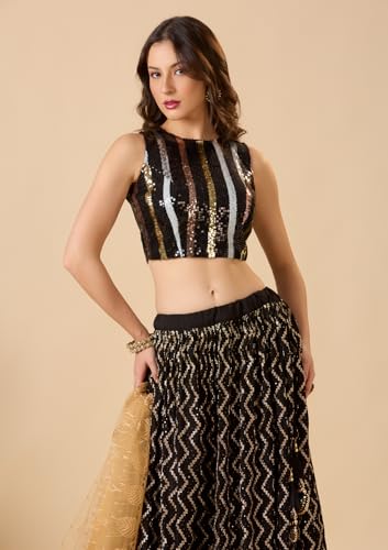 SALWAR STUDIO Black Net Boat Neck Sleeveless Readymade Blouse with Embellishment