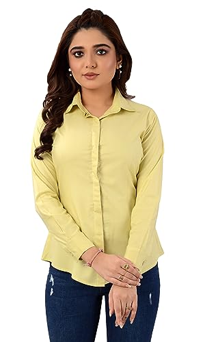 QUEEN SHIELD Women's Giza Cotton Formal Shirt with Buttoned Closure & 3/4 Sleeves(40Lemon7295)