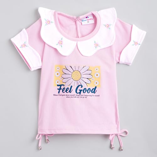Hopscotch Girls Short Sleeves Pink 2-Pc Typographic Blouse & Denim Jeans (6-12 Months)