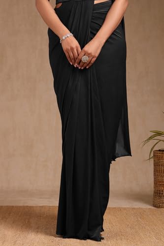 Soch Womens Black Nylon Blend Solid Ready To Wear Saree With Beads And Stones