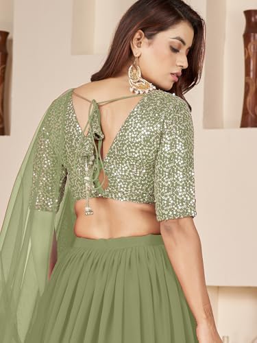 Zeel Clothing Women's Sequins Embroidered Georgette New Lehenga Choli with Dupatta (5066-Olive-Womens-Lehenga-Choli-Latest; Free Size) (Olive)