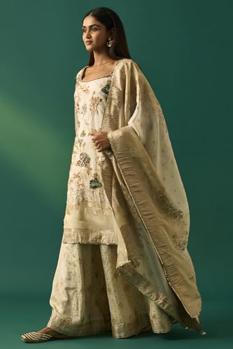 Wishful Women's Beige Floral Embroidered Tissue Straight Kurta with Sharara and Dupatta Set - (SP11495-401103-XXL)