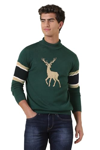 Men Green Print Turtle Neck Full Sleeves Sweater