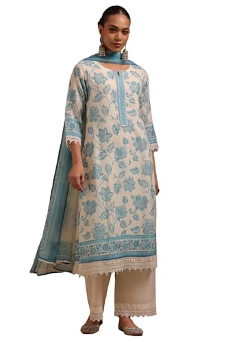 Soch Womens Off White Linen Botanical Printed Salwar Suit With Beads