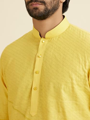 Manyavar Men's Pure Linen Solid Long Kurta(Yellow,L)