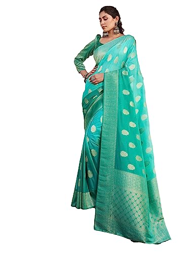 Vardha Women's Banarasi Georgette Saree with Unstitched Blouse Piece - Gold Zari Woven Work Sarees for Wedding (Mahika_677)