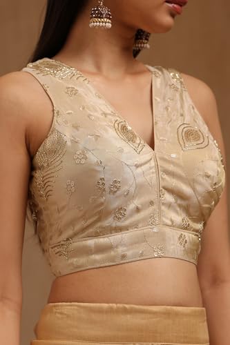 Soch Womens Light Gold Tissue Embroidered Padded Blouse with Sequins
