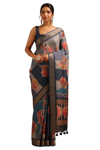 Soch Womens Blue Tussar Botanical Saree