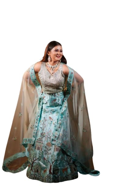 House of Bansal Land of Dreams Lehenga, Mint Blue Embroidered, Handcrafted Storytelling Design with Sheer Dupatta