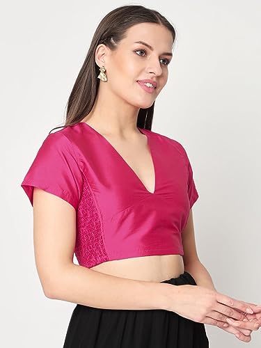 studio rasa Women's Silk Blend Short Sleeve Stretchable Fitted Blouse for Wedding Party Festive Ethnic (Tpwc42318M_Pink_Medium)