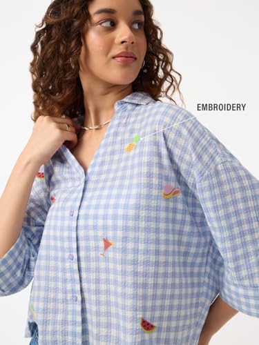 The Souled Store Summer Spritz Women and Girls Elbow Length Sleeves Collared Light Blue Embroidered Cotton Oversized Fit Lightweight Breathable Casual Shirt