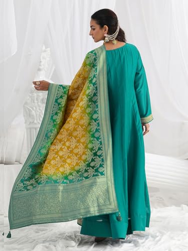 Libas Embroidered Silk Blend A-Line Ethnic Dress with Dupatta-93606XL Green