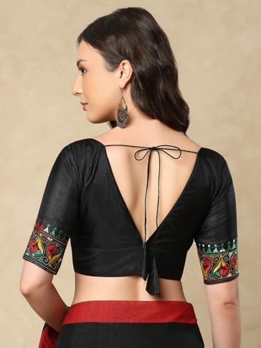 S SALWAR STUDIO Black V- Neck Katha Stitch Silk Readymade Saree Blouse