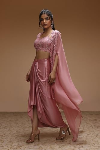 BIBA Women Rose Pink Viscose Organza Fusion Skirt Set_36